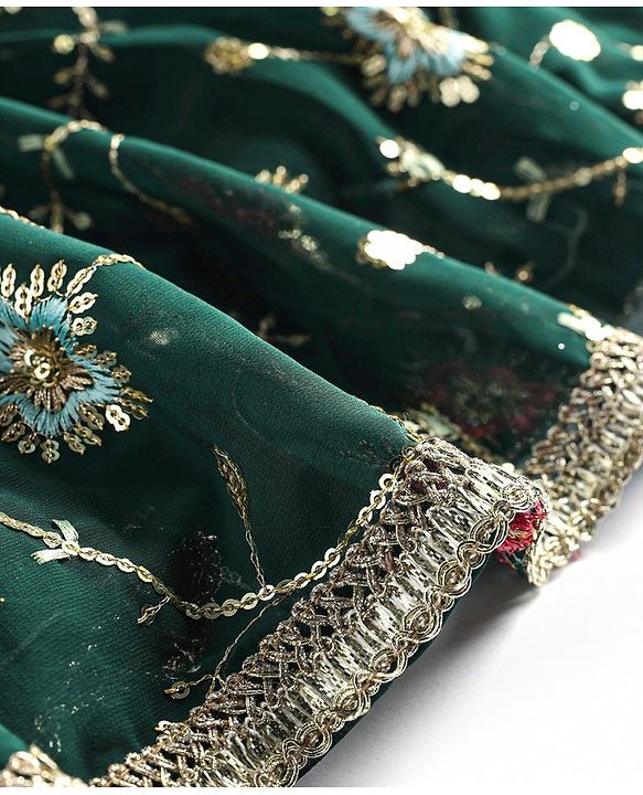 Babyhug Woven Sleeveless Georgette Floral Embroidered Choli & Sequinned Lehenga Set with Detachable Sleeves - Green