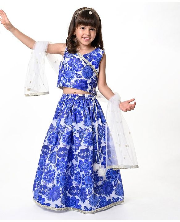 Babyhug Woven Sleeveless Embroidered Choli Lehenga Set with Dupatta Floral Print - Navy Blue