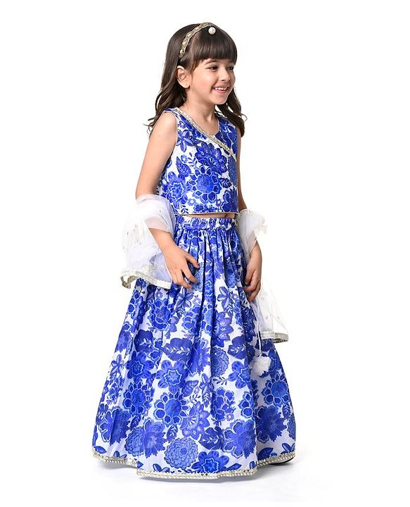 Babyhug Woven Sleeveless Embroidered Choli Lehenga Set with Dupatta Floral Print - Navy Blue