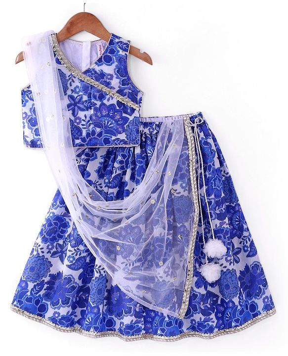 Babyhug Woven Sleeveless Embroidered Choli Lehenga Set with Dupatta Floral Print - Navy Blue