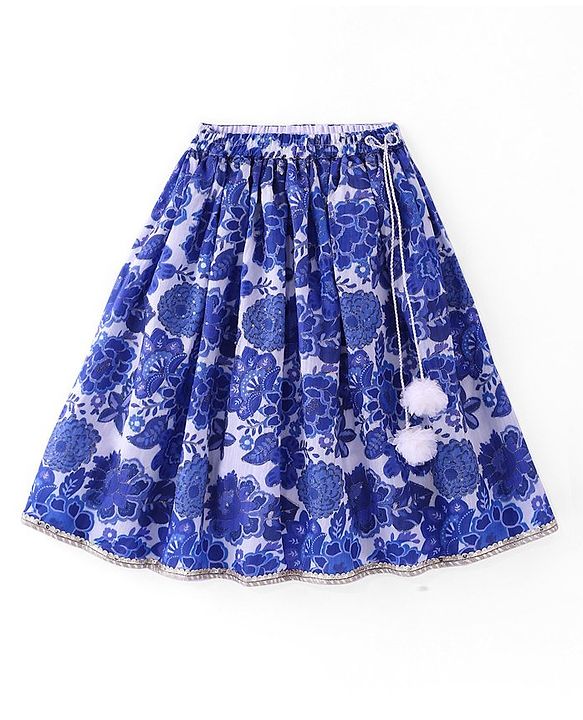 Babyhug Woven Sleeveless Embroidered Choli Lehenga Set with Dupatta Floral Print - Navy Blue