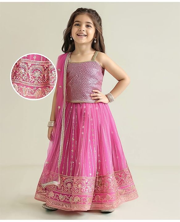 Babyhug Woven Singlet Sleeves Sequined Choli & Lehenga Set with Dupatta with Lace Detailing  - Pink