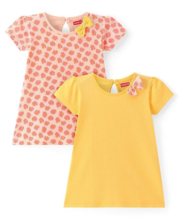 Babyhug Single Jersey Knit Half Sleeves Frocks With Floral Print & Bow Applique Pack of 2 - Peach & Yellow