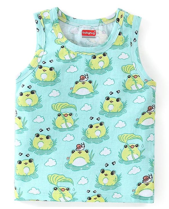Babyhug 100% Cotton Knit Sleeveless  Antibacterial Sando  with Striped & Frog Print  Pack of 3 - Multicolour