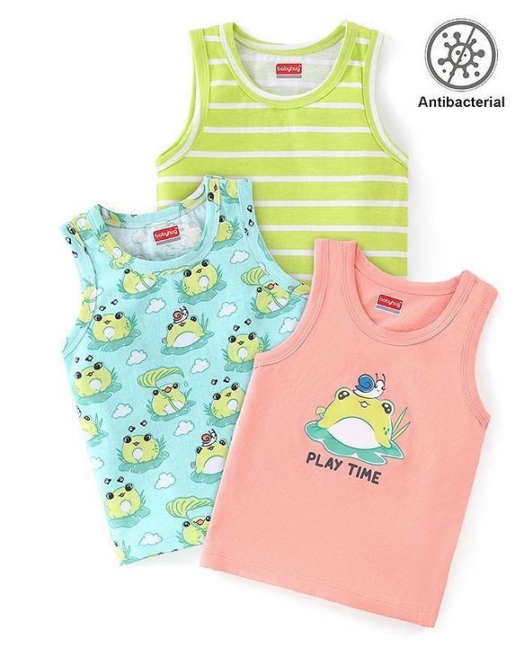 Babyhug 100% Cotton Knit Sleeveless  Antibacterial Sando  with Striped & Frog Print  Pack of 3 - Multicolour