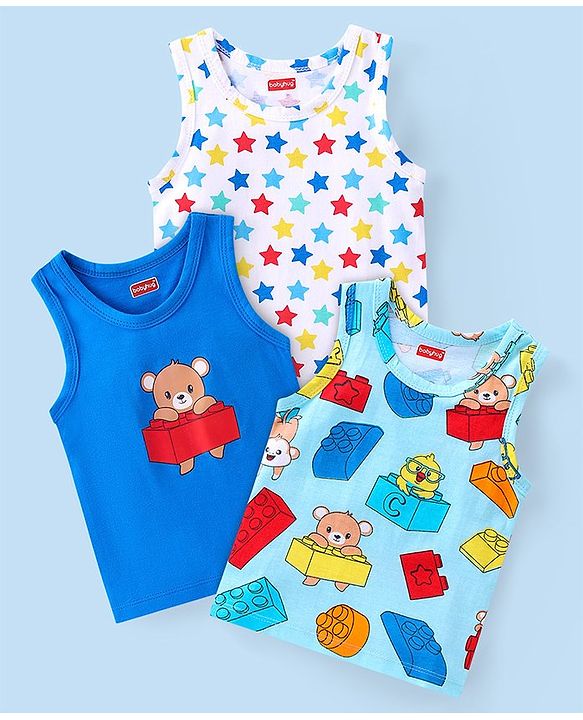 Babyhug 100% Cotton Single Jersey Anti Bacterial Sleeveless Vests Bear & Star Print Pack Of 3 - Multicolor