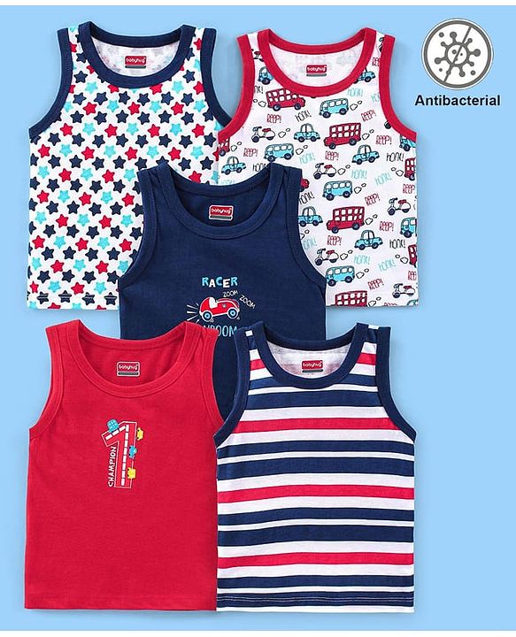 Babyhug 100% Cotton Knit Antibacterial Sleeveless Stripes Sandos with Star & Cars Print Pack of 5 - Multicolour