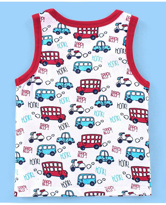Babyhug 100% Cotton Knit Antibacterial Sleeveless Stripes Sandos with Star & Cars Print Pack of 5 - Multicolour