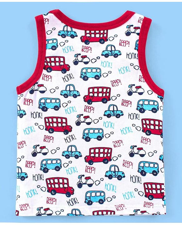 Babyhug 100% Cotton Knit Antibacterial Sleeveless Stripes Sandos with Star & Cars Print Pack of 5 - Multicolour