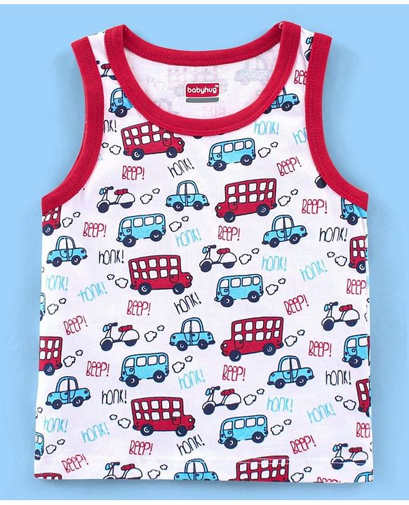 Babyhug 100% Cotton Knit Antibacterial Sleeveless Stripes Sandos with Star & Cars Print Pack of 5 - Multicolour
