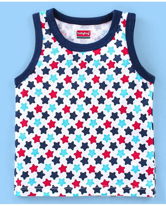 Babyhug 100% Cotton Knit Antibacterial Sleeveless Stripes Sandos with Star & Cars Print Pack of 5 - Multicolour