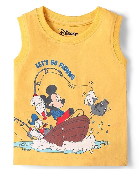 Babyhug Disney Cotton Knit Sleeveless T-Shirt with Mickey Mouse Graphics - Yellow
