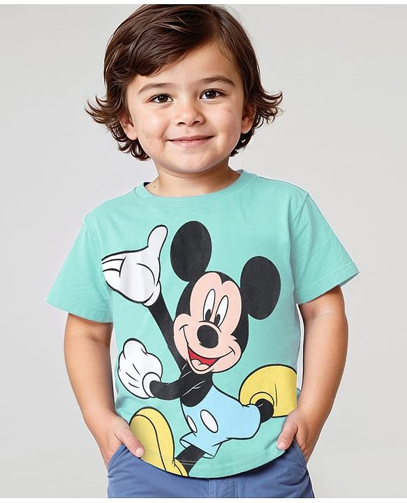 Babyhug Disney Cotton Knit  Half Sleeves T-Shirt With Mickey Mouse Graphics - Green