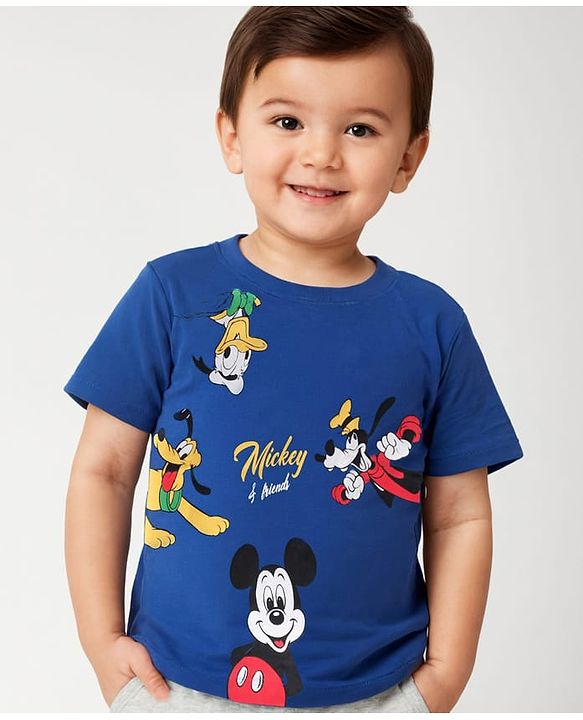 Babyhug Disney Cotton Knit Half Sleeves T-Shirt With Mickey Mouse Graphics - Blue