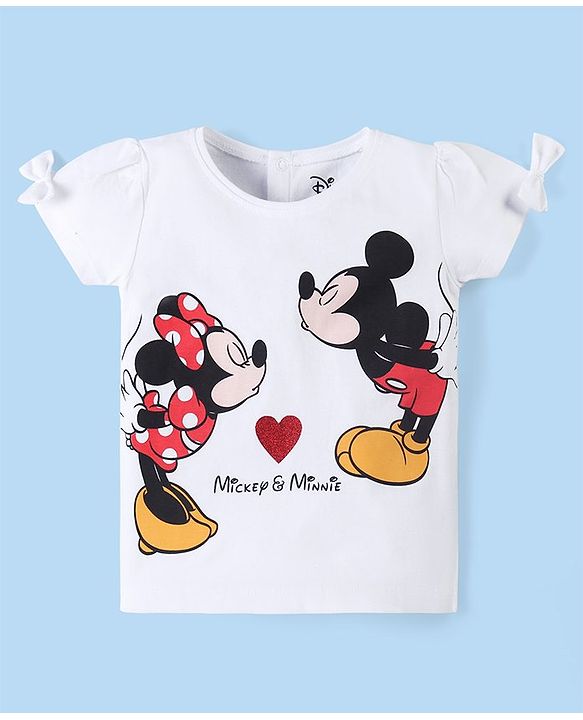 Babyhug Disney 100% Cotton Knit Half Sleeves Top with Minnie Mouse Graphics -White