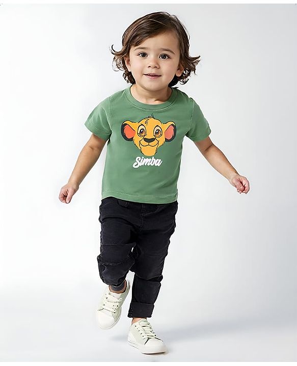 Babyhug Disney Cotton Knit Half Sleeves T-Shirt with Lion King Graphics-Green
