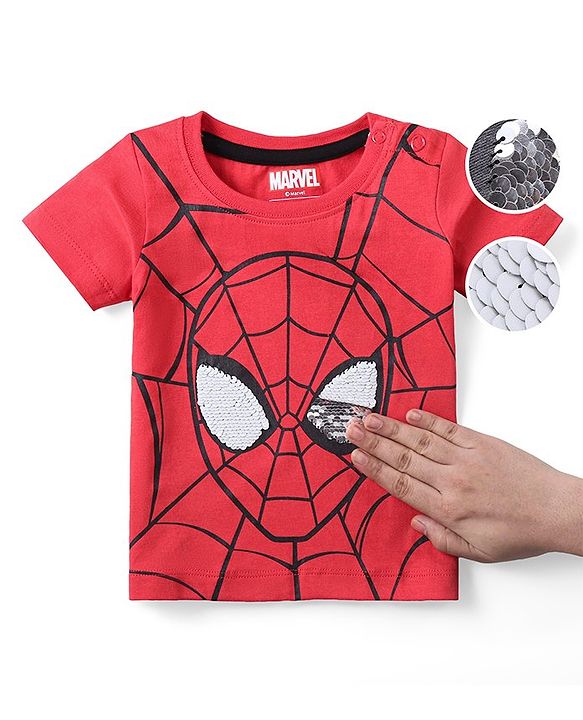 Babyhug Marvel Cotton Knit Half Sleeves T-Shirt with Spiderman Graphics & Reversible Sequins- Red