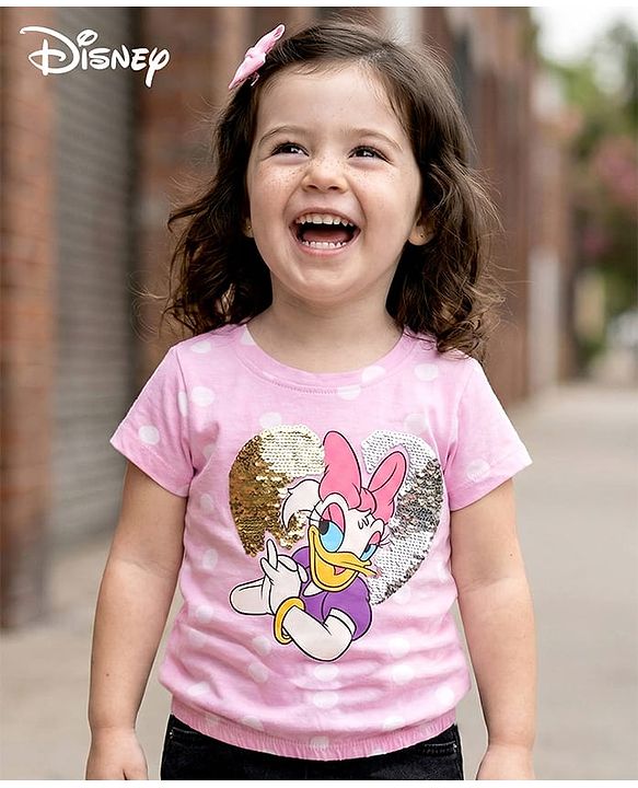 Babyhug Disney  Half Sleeves Top with Minnie Mouse Graphics & Reversible Sequins Detailing - Pink