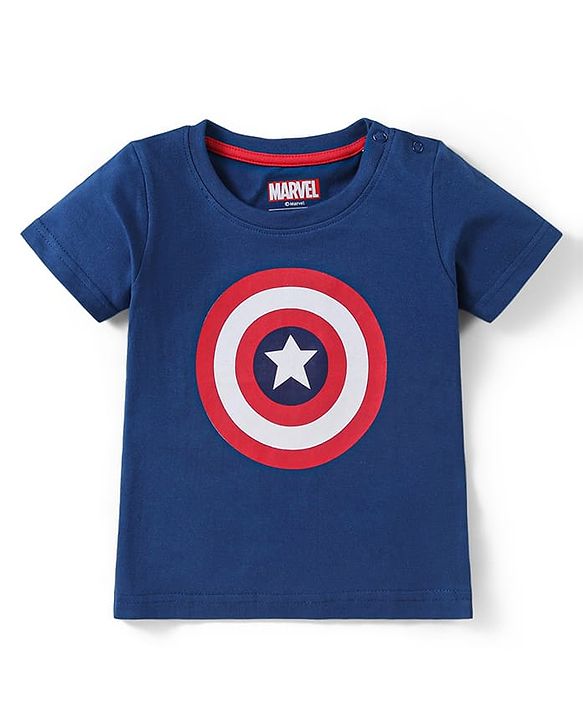 Babyhug Marvel Cotton Knit Half Sleeves T-Shirt with Avengers Graphics - Navy Blue