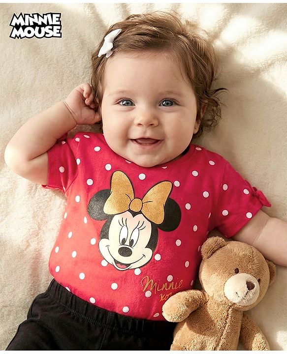 Babyhug Disney Cotton Knit Half Sleeves Top With Minnie Mouse Graphics & Bow Applique - Red