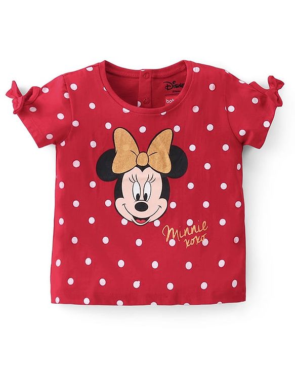 Babyhug Disney Cotton Knit Half Sleeves Top With Minnie Mouse Graphics & Bow Applique - Red