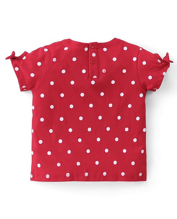 Babyhug Disney Cotton Knit Half Sleeves Top With Minnie Mouse Graphics & Bow Applique - Red