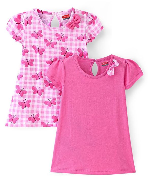 Babyhug Single Jersey Knit Half Sleeves Frocks With Butterfly Print Pack Of 2 - Multicolor