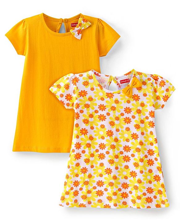 Babyhug Single Jersey Knit Half Sleeves Frocks With Floral Print & Bow Applique Pack of 2- Yellow & White