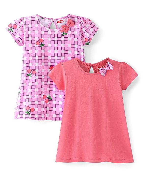 Babyhug Single Jersey Knit Half Sleeves Frocks With Cheery Print & Bow Applique Pack of 2- Pink