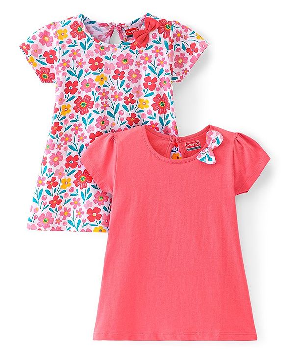 Babyhug Single Jersey Knit Half Sleeves Frock With Floral Print & Bow Applique Pack of 2 - Multicolor
