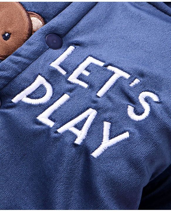 Babyhug Velour Woven Full Sleeves Winter Wear Front Open Footed Hooded Romper with Text Embroidery & Bear Patch - Navy Blue