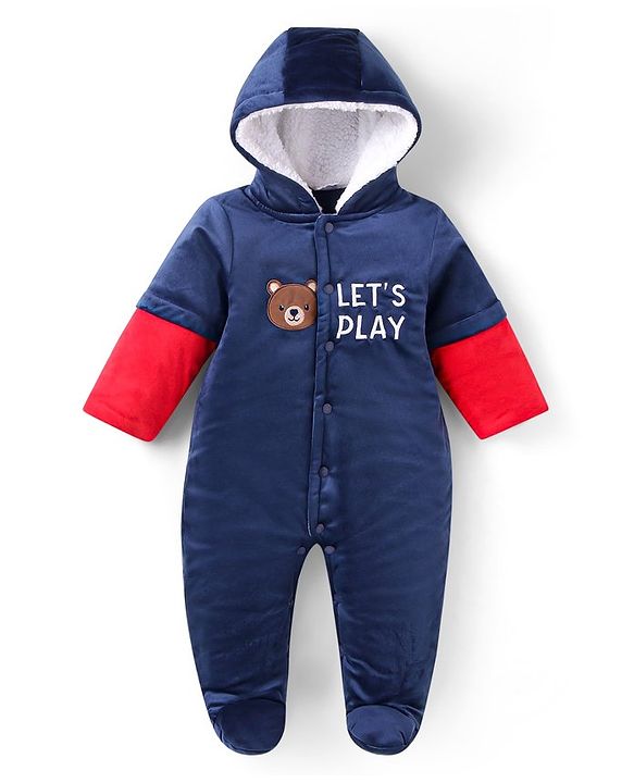 Babyhug Velour Woven Full Sleeves Winter Wear Front Open Footed Hooded Romper with Text Embroidery & Bear Patch - Navy Blue
