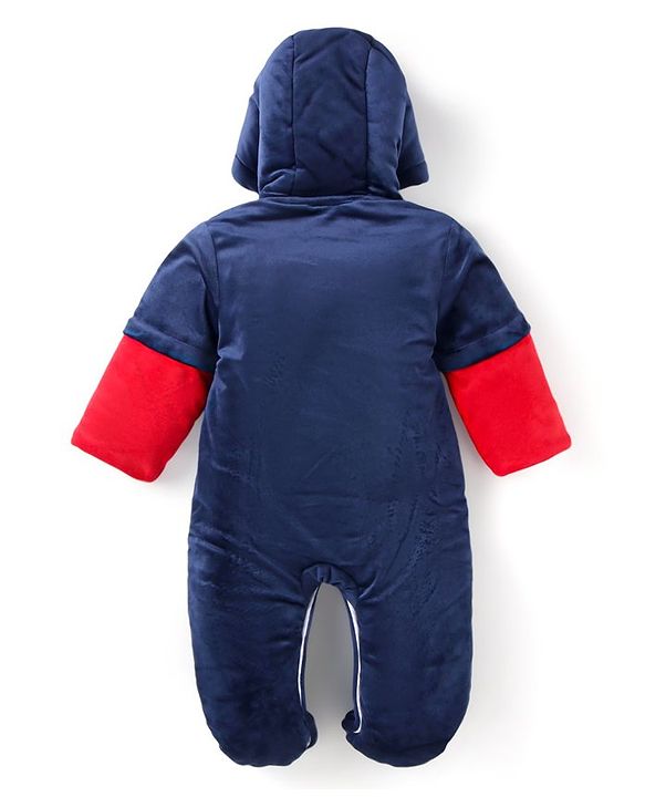 Babyhug Velour Woven Full Sleeves Winter Wear Front Open Footed Hooded Romper with Text Embroidery & Bear Patch - Navy Blue