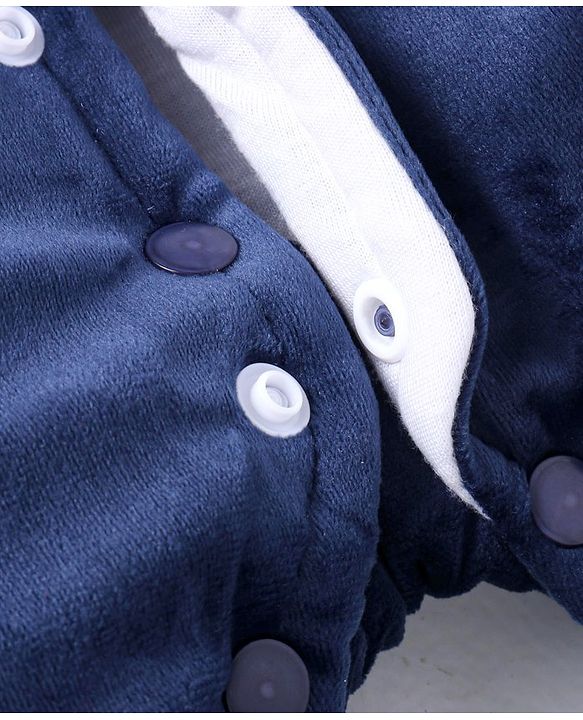 Babyhug Velour Woven Full Sleeves Winter Wear Front Open Footed Hooded Romper with Text Embroidery & Bear Patch - Navy Blue