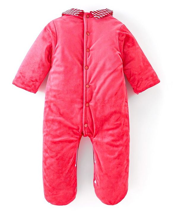 Babyhug Woven Full Sleeves Winter Wear Footed Romper With Polar Bear Embroidery - Red