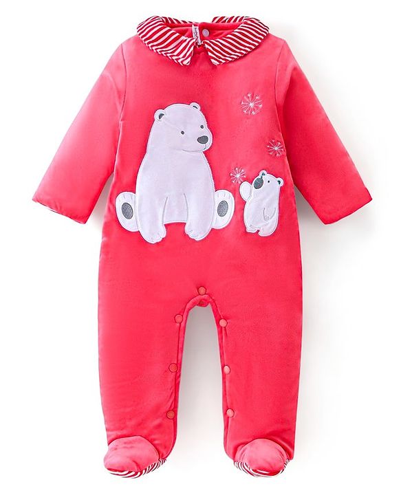 Babyhug Woven Full Sleeves Winter Wear Footed Romper With Polar Bear Embroidery - Red