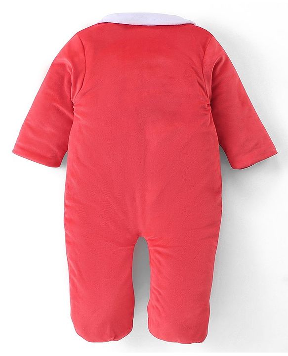 Babyhug Velour Woven Winter Wear Full Sleeves Footed Romper with Santa Clause Patch - Red