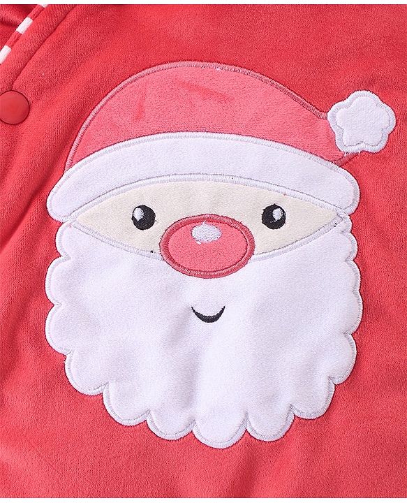 Babyhug Velour Woven Winter Wear Full Sleeves Footed Romper with Santa Clause Patch - Red