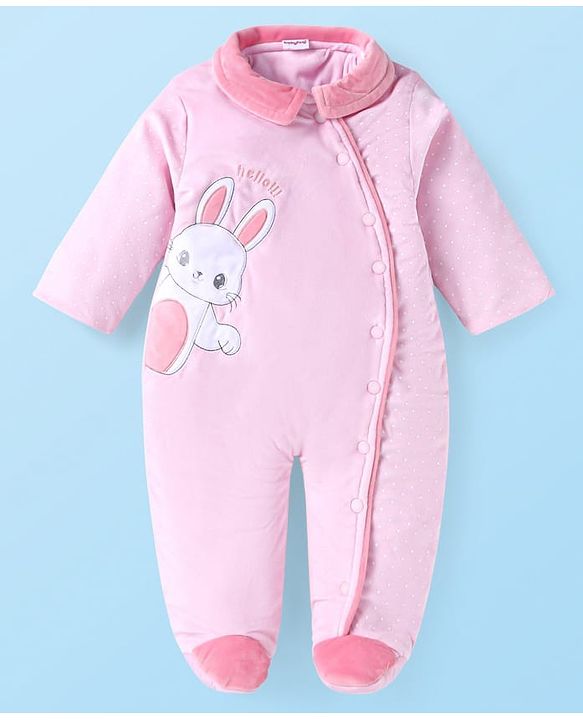 Babyhug Velour Woven Full Sleeves Footed Front Open Winter Wear  Romper with Bunny Patch - Pink