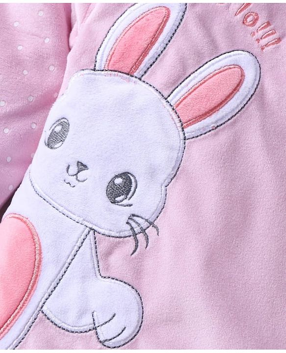 Babyhug Velour Woven Full Sleeves Footed Front Open Winter Wear  Romper with Bunny Patch - Pink