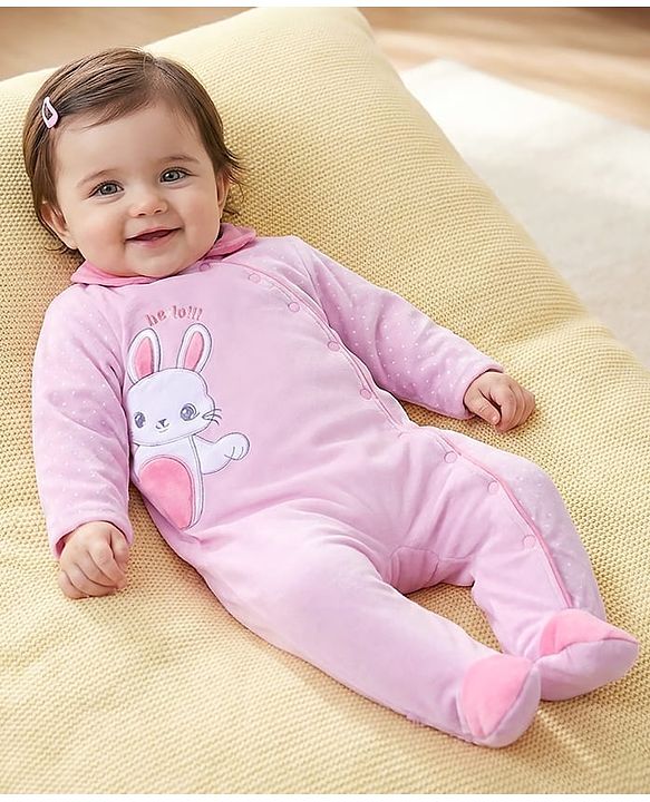 Babyhug Velour Woven Full Sleeves Footed Front Open Winter Wear  Romper with Bunny Patch - Pink