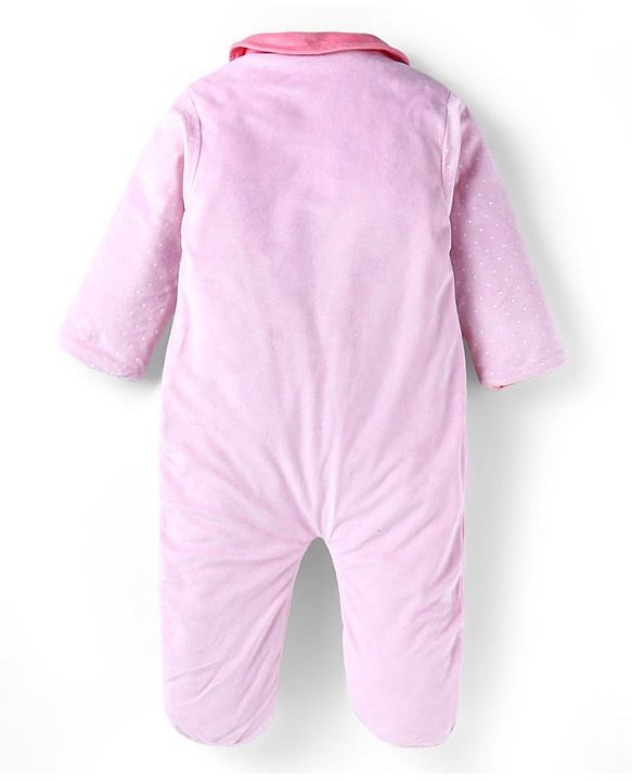 Babyhug Velour Woven Full Sleeves Footed Front Open Winter Wear  Romper with Bunny Patch - Pink