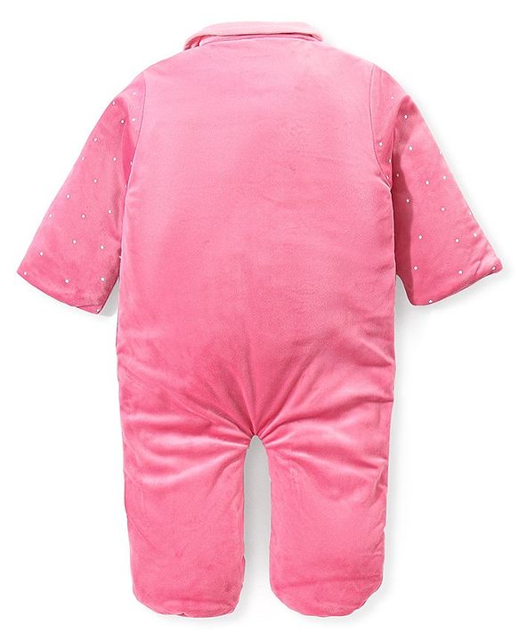 Babyhug Velouer Woven Full Sleeves Romper with Elephant Patch - Pink