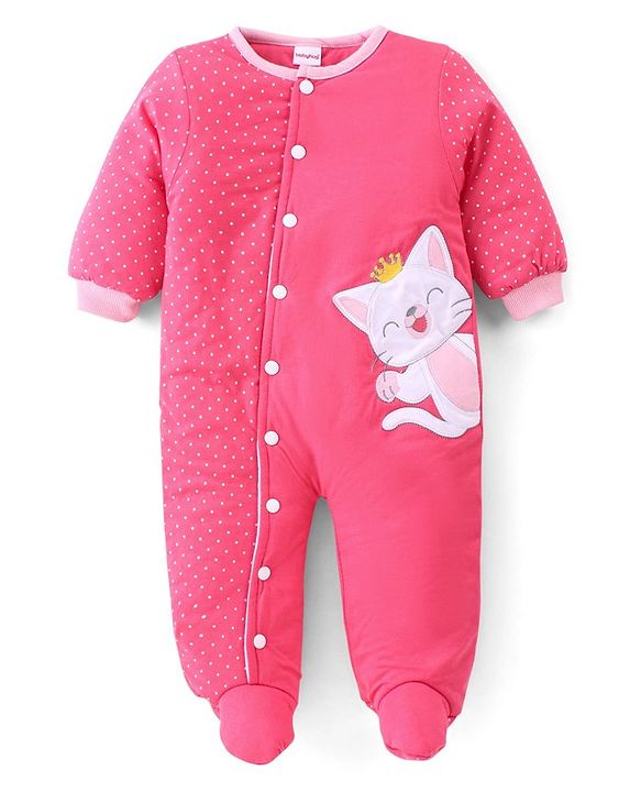 Babyhug Woven Full Sleeves Winter Wear Footed Romper with Polka Dots Print & Kitten Patch - Pink