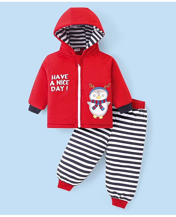Babyhug Woven Full Sleeves Hooded Front Zipper Winter Wear Suit With Penguin Embroidery - Red