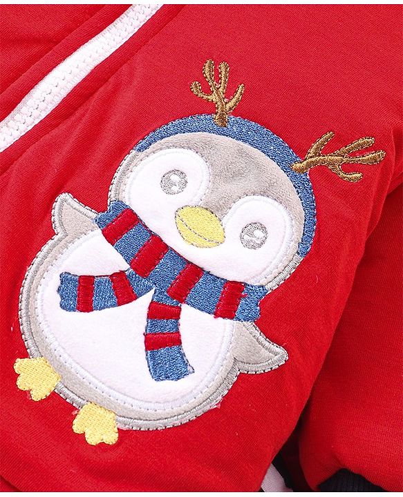 Babyhug Woven Full Sleeves Hooded Front Zipper Winter Wear Suit With Penguin Embroidery - Red