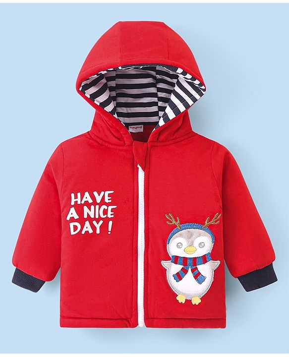Babyhug Woven Full Sleeves Hooded Front Zipper Winter Wear Suit With Penguin Embroidery - Red