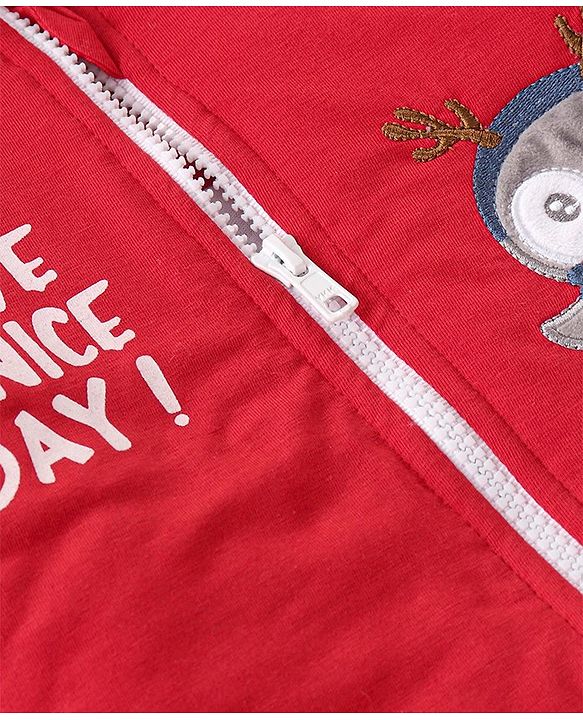 Babyhug Woven Full Sleeves Hooded Front Zipper Winter Wear Suit With Penguin Embroidery - Red