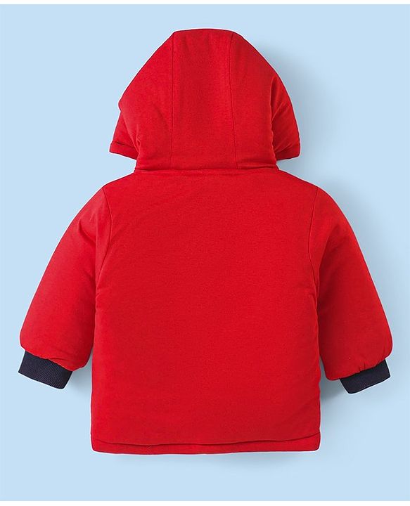 Babyhug Woven Full Sleeves Hooded Front Zipper Winter Wear Suit With Penguin Embroidery - Red