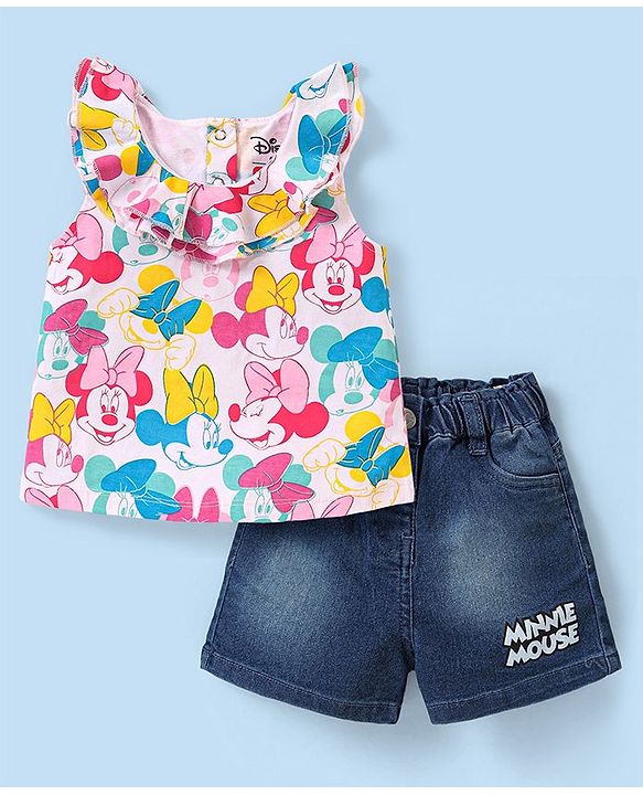 Babyhug Disney Single Jersey Knit Frill Sleeves Top & Denim Shorts Set With Minnie Mouse Print - White & Blue